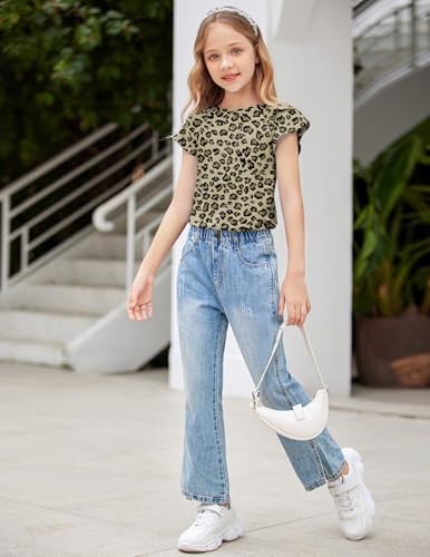 Image of Girls T Shirts Ruffle Short Sleeve Round Neck Loose Blouse Summer Solid Color Casual Girl Tee Tops for 3-12 Years
