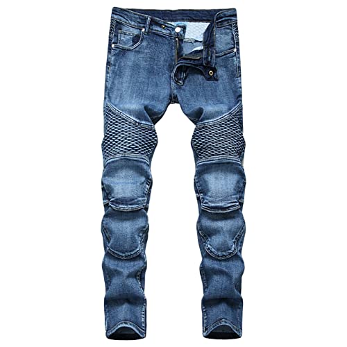 Men's Slim Fit Moto Biker Jeans Distressed Skinny Fit Stretch Denim Pants Vintage Comfy Washed Straight Jean
