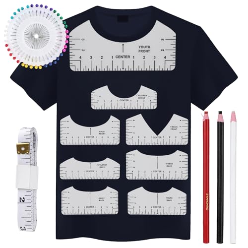 13 Stück T-Shirt Ausrichtungslineal, T-Shirt Zentrierung Werkzeug PVC mit 1,5m Maßband 40 Nadel 3 Buntstifte, Transparente Schablonen-Lineal, Bügellineal für Erwachsene Jugend und Kinder