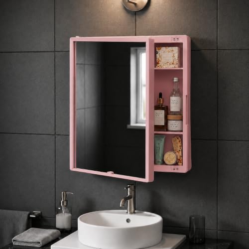Image of BRANCO New Rich Look Bathroom Organizer Cabinet | Mirror with Shelf | 4 Shelves Storage Organizer | Wall Mounted Cabinet | for Home /Kitchen /Toilet (BRC-931) (Pink)