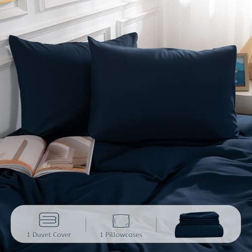 Image of NEXHOME PRO Twin Duvet Cover,Navy 2 Pieces Duvet Cover Set, Soft and Lightweight 100% Washed Microfiber Comforter Cover Set for All Season(Navy Twin, 66 x 90)-No Comforter