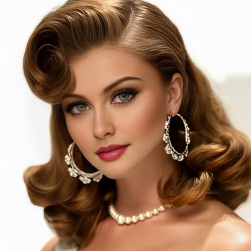 Image of Swiking Vintage Brown 1950s Hollywood Big Wave Wig Synthetic Curly Wig for Retro Parties Halloween Daily Use(Auburn Brown)