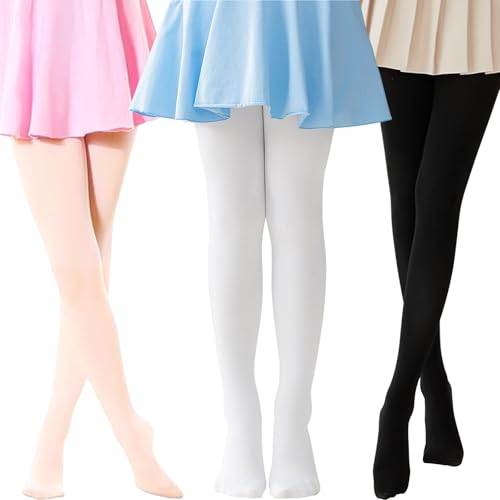 Runmeihe 3 pares de medias de ballet para niñas, medias de punto elásticas de microfibra 80D para ropa escolar, baile de ballet de 3 a 16 años, negro, blanco y rosa carne, 8-12 años