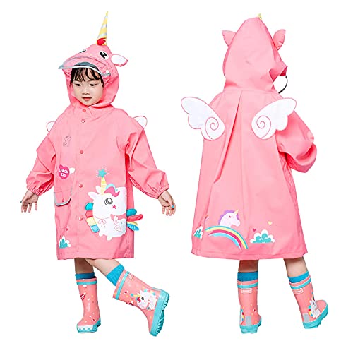 Lazeny Chubasquero Chaqueta Lluvia para Niños Niñas Impermeable Capa de Lluvia con Capucha 3D Patrón Animal Infante Poncho Ligero Traje de Lluvia para 2-8 Años (Unicornio Rosa,S) Cover