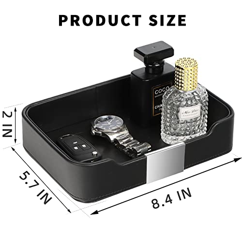 Image of SANZIE Luxury Leather Tray Organizer Valet Tray Key Tray for Entryway Table Desktop Storage Catchall Tray Decorative Tray for Jewelry Keys Wallet Phone Watch (Metal Silvered, Black)