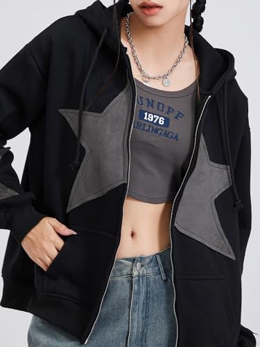 Yoisdtxc Women Y2k Zip Up Hoodie Vintage Star Graphic Long Sleeve Oversized Sweatshirt Harajuku Grunge Hooded Jackets (A-Black, L) - Image 4