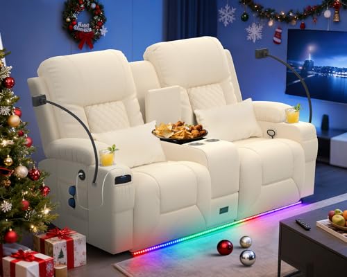 DG PEAFOWL Loveseat Recliner Sofa, Home Theater Seating with Center Console, Reclining Loveseat RV Couch with USB Ports & Phone Holders, Wall Hugger RV Sofa Furniture with Storage & Pocket