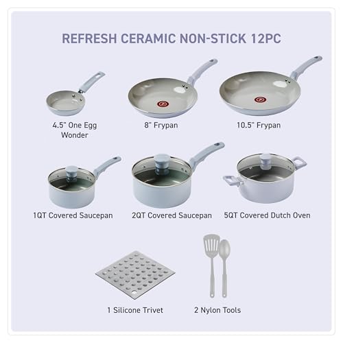 Image of T-Fal Refresh Ceramic Nonstick Cookware Set, 12-Piece Nonstick Cookware, Oven Safe to 350F, Stockpot, Griddle, Frying Pans, Utensils, Ceramic Pots and Pans Set, Blue