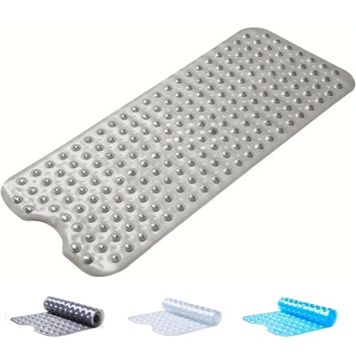 AUNEK Bath Mat Non Slip, Anti Mould Bathroom Mat with 200 Strong Suction Cups and Drain Holes, 100x40 cm Anti Slip Large Bathtub Mats for Inside Bath, Long Washable Bathroom Rug for Daily Use (Grey)