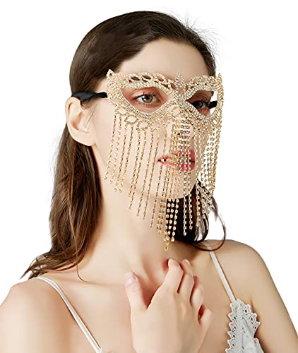 Bellady Strass-Katzenaugen-Fransenmaske mit Satin-Raffhalter, Gold Cover