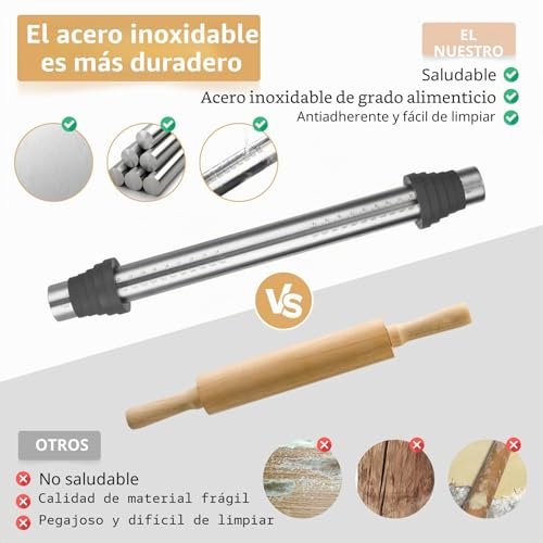 Miniatura 7 de Super Kitchen Rodillo Amasar De Acero Inoxidable, Rodillo Masa De Metálicos Rolling Pins Con 5 Discos Ajustables Anillo Grosor, Accesorios De Horneado Para Fondant Pastelería, Pizza, Pastas 40 Cm