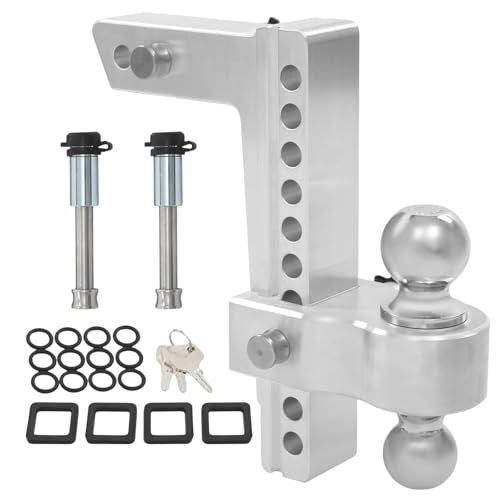 FiueStur Adjustable Trailer Hitch - 10 Inch Drop Height (2-Inch Receiver) 26 500 LBS GTW Heavy Duty Aluminum Tow Hitch with Dual Anti-Theft Locks & (2/2-5/16) Balls