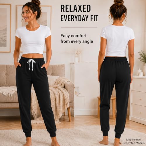 Image of Essential Elements Womens 3 Pack 100% Cotton Joggers Lounge PJ Sweatpants | Soft Breathable Everyday Knit With an Elastic Waist and Tapered Fit, Cozy for Sleep, Workouts and Casual Wear