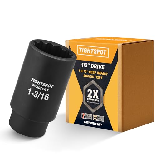 TIGHTSPOT 1/2 Inch Drive 1-3/16 Inch Deep Impact Socket with Anti-Rounding 12 Point Design, Heat-Treated CRV Steel