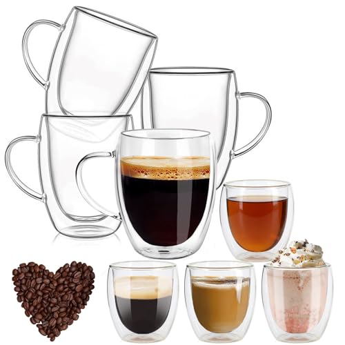Set de 8 Tasse Double Paroi Tasse à Café en Verre, Inclus 4x350ml Tasses à Expresso Transparent avec Poignée, et 4x80ml Tasse à Double Paroi, Résistant...