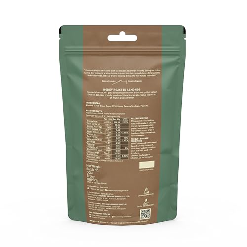 Image of Nourish Organics Honey Roasted Almonds 100gm Pack of 1 Sweet and Nutty Snack| Healthy and Nutrient Rich | No Refined Sugar | Clean Label