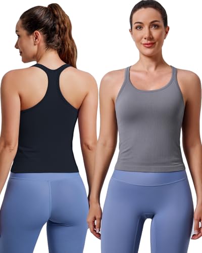 Image of Women's Workout Tank Tops, with Built in Bra Racerback Seamless Crop Tops | Removable Pads, 1 /2 /3 Pack, A-D Cup, High Support, Wireless, Full Coverage, Camisole Sport Tanks, for Yoga Gym Exercise Daily