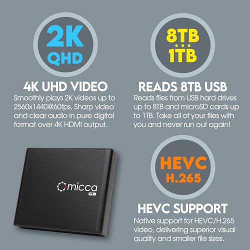 Micca G3 2K Quad-HD Digital Media Player for USB Drives and MicroSD Cards, Digital Signage, H.265/HEVC H.264/AVC MP4 MKV Videos MP3 Music JPG Photos, 4K HDMI, Analog AV, Auto Play and Resume