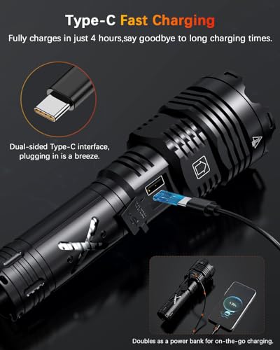 Image of Super Bright Rechargeable Flashlight 2000000 High Lumens Waterproof Tactical Powerful Led Flashlight Battery Powered With 6 Mode Zoomable Fast Charge, Handheld Flashlight For Camping Caving Emergency