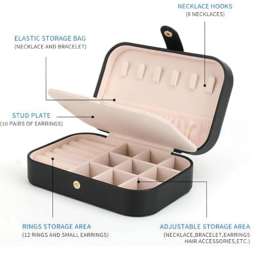 Image of Lazer Accessories Jewellery Organiser PU Leather Zipper Portable Storage Box Case with Dividers Container for Rings, Earrings, Necklace Home Organizer | Black