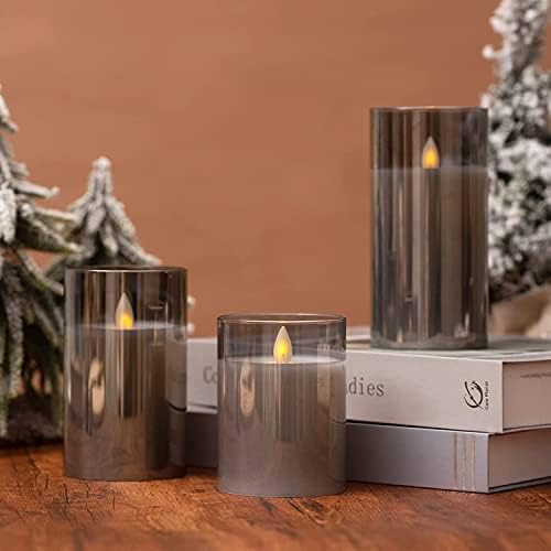 YMing LED Candles Flameless Candles 4"5"6" Set of 3 Real Wax Light, Battery Operated Candles Gray Glass Pillars Realistic Flickering Wick Flame Mode, Lantern Candles with Remote Control 24 Hour Timer