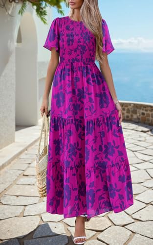 Image of PRETTYGARDEN Women's 2026 Summer Casual Flutter Short Sleeve Boho Floral Maxi Dress Crew Neck Smocked Tiered Long Dresses