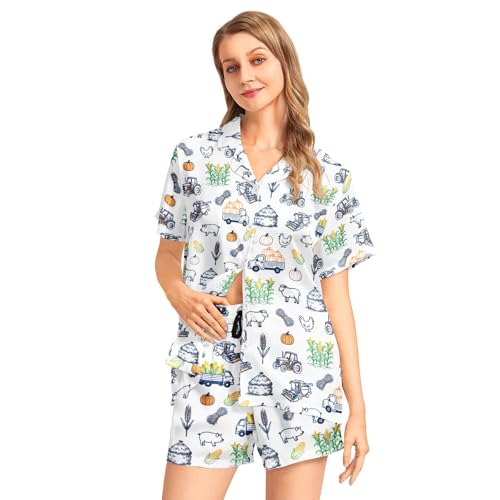 Image of Funny Pajamas for Women Set Print Satin Loungewear Pjs Short Sleeve Button Down Top and Shorts Sets Sleepwear XS-3XL