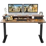 FEZIBO 55 x 24 Inch Height Adjustable Electric Standing Desk with Double Drawer, Stand Up Desk with Storage Shelf, Sit Stand Desk, Rustic Brown