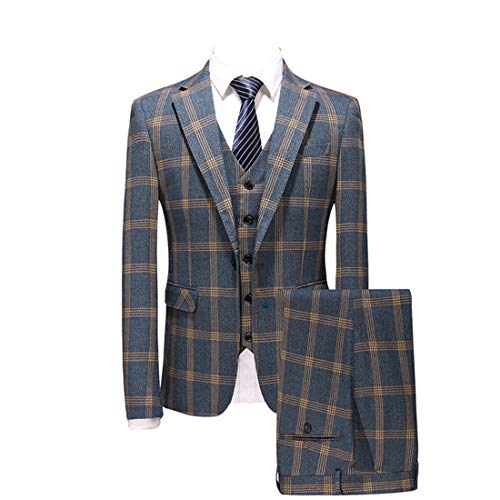 Mens Slim Fit Tweed Wool Check Plaid Tuxedo 3 Pieces Blazer Vest Pant