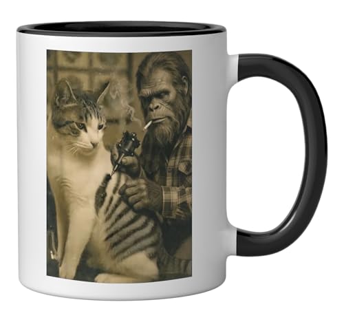 Taza cerámica vintage con diseño de gato tatuado y Bigfoot miniatura 2