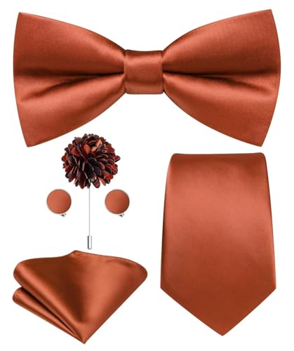 Image of Hi-Tie 5Pcs Mens Solid Color Silk Tie Satin Pretied Bowtie Lapel Pin for Men Handkerchief Cufflink Wedding Gift Box