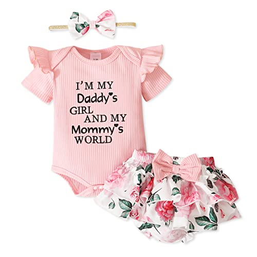 Image of PATPAT Newborn Baby Girl Clothes Ruffle Bodysuit Floral Print Layered Shorts with Headband Set 3PCS Father's Day Outfits