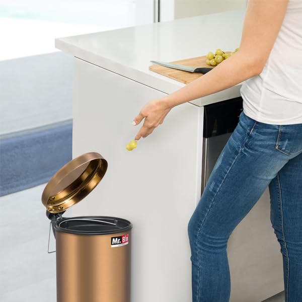 Image of Mr. Bin Dustbin Stainless Steel 202 Gold Pedal Bin with Plastic Bucket and Lid | 8 inch x 13 inch Garbage Bin | Trash Can | Round Shape Dustbin for Home, Bathroom, Kitchen & Office | 7 Liter