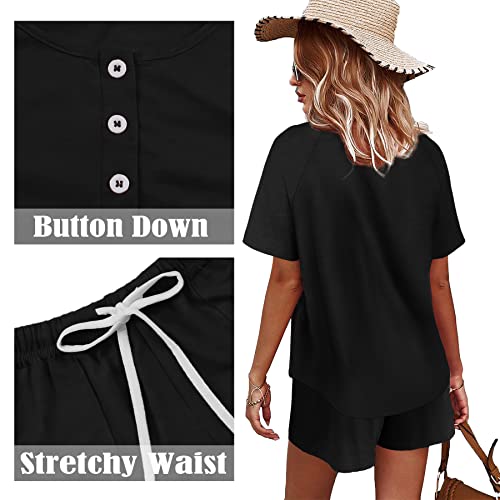 Image of WIHOLL Two Piece Outfits for Women Lounge Sets Button Down Top and Shorts Set Sweatsuits with Pockets