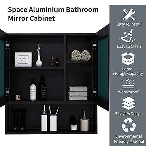 Prosfalt 28X24In Mirror Medicine Cabinets With Double Doors, Space Aluminum Wall Mounted Storage Cabinets For Bathroom, Waterproof And Rust-Resist, Recess Or Surface Mount - Black,353653765 #TOP4
