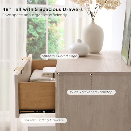 Image of T4TREAM Fluted 5 Drawers Dresser, 48 inch Tall Modern Chest of Drawers, Curved Profile Design, Wood Drawer Organizer for Bedroom, Living Room, Hallway, Entryway, White Alder