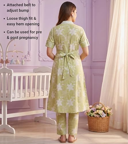 Image of DUMMY SHAPE Maternity Dresses for Women Cotton | Floral Kurta Pant Dupatta Set with Nursing Zippers, Side Pocket | Pre & Post Pregnancy | Feeding Kurti Suit | Baby Shower | Gifts for Pregnant Woman