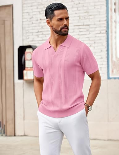 Image of COOFANDY Mens Knit Polo Shirts V Neck Textured Polo Shirts Short Sleeve Breathable Polo Casual Collared T Shirt Fashion Tops