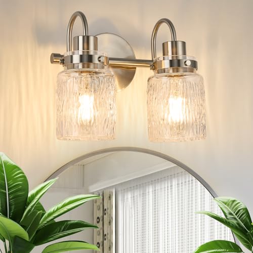 Image of 2 Lights Hammered Glass Bathroom Vanity Light,Brushed Nickel | Easy Installation,Up or Down,Farmhouse Modern Style,E26 Socket,ETL Certification