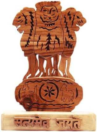 TheCreativeClub Beautiful Handmade Satyamev Jayate Ashok Stambh Idol for Office, Art Space, Tool Shed or Study Table (Natural Wood Color- 10.5x5.5x15 cm)