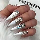 Rchovsam xl Tip Press on Nails White Long Almong Nails Press Ons Glitter Diamond Design False Nails Full Cover Acrylic Fake Nails Gift for Women 24pcs