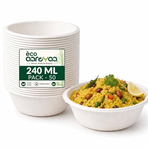 Image of Eco Aaroyaa Disposable Bagasse Bowls - 240 ML - Pack of 50 Biodegradable Disposable Bowls - Eco-Friendly Dip, Sauce, Chutney & Dessert Cups - Leak-Resistant Small Serving Bowl (Pack of 50)