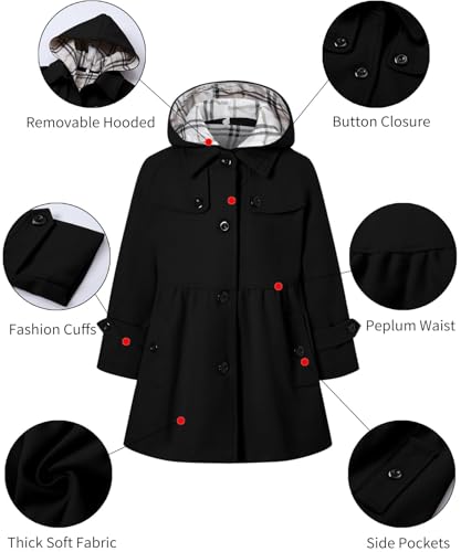 Image of Betusline Girls' Dress Coat, Kids Hoodie Wool Blend Coats Fall Winter Outerwear Peacoat,2-14 Years