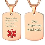 Red Caduceus Medical Alert Necklace Rose Gold Plated Chain Customized Medic Condition ID Tags...