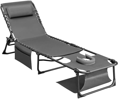 Flamaker Face Down Chaise Lounge Chair 5-Position Adjustable Sunbathing, Foldable Tanning Chair with Face& Arm Holes, Outdoor Recliner Chair for Pool, Beach, Patio, Lawn (Grey, 1 Pcs)