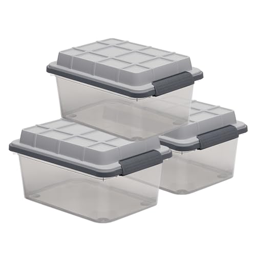 Curver Set of 3 Small Latch PRO 17QT Heavy Duty, Water Resistant Plastic Organization and Storage Box with Extra Capacity Latching Lid, Transparent Grey by Curver - Used condition - US$39.52