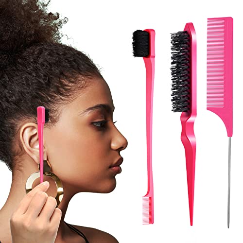 Patelai 3 Pcs Slick Back Hair Brush Set Hair Styling Comb, Bristle Hair Brush Teasing Comb Edge Control Brush, Teasing Hair Brush Rat Tail Comb Edge Brush Grooming Comb For Baby Kids Women (Rose Pink) #TOP7