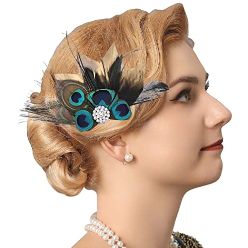 Genbree 1920S Feather Headpiece Gatsby Hair Clip Crystal Peacock Feather Headpieces Cocktail Hair Accessories For Women (Pattern 1) #TOP2