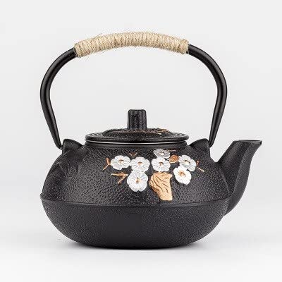 Théière en fonte 600ml avec infuseur intégré, modèle peint prune et bambou