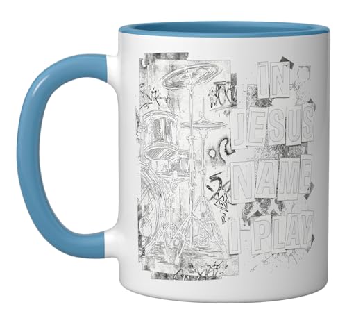 In Jesus Name Play Drums Christian Worship Drummer Faith God Ceramic Mug, Blue/White